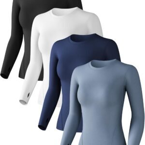 Women's Compression Shirt Long Sleeve Athletic Workout Tops Sun Protection Undershirt for Gym Yoga Running