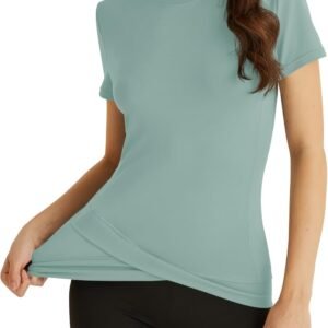 Workout Tops for Women Short Sleeve Cross Hem Athletic Compression Shirts Breathable Yoga T-Shirts