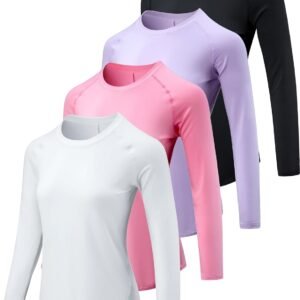 4-Pack: Womens Long Sleeve Athletic Tops with Thumb Holes – Dry Fit Active Crewneck Workout Tees