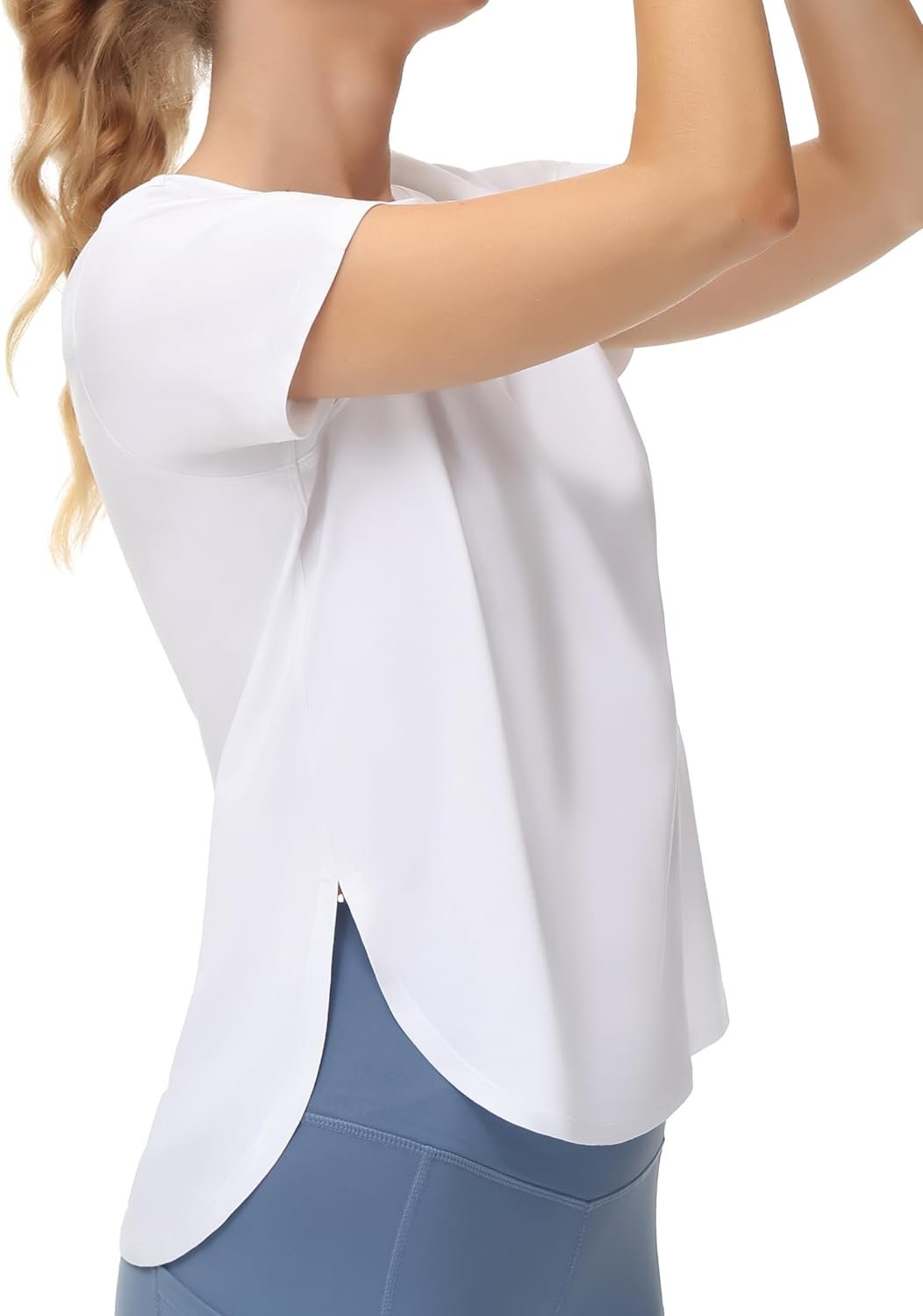 Women's Workout T-Shirts Loose Fit Short Sleeve Cotton Running Basic Tee Tops with Split Hem - Image 2