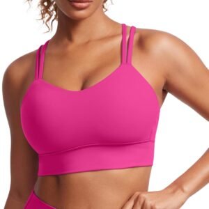 Womens  Strappy Longline Sports Bra - Molded Cup Double Spaghetti Strap Workout Bra Yoga Crop Tank Top